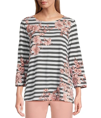 Multiples Petite Size Stretch Placement Floral Stripe Boat Neck 3/4 Sleeve Fitted Top