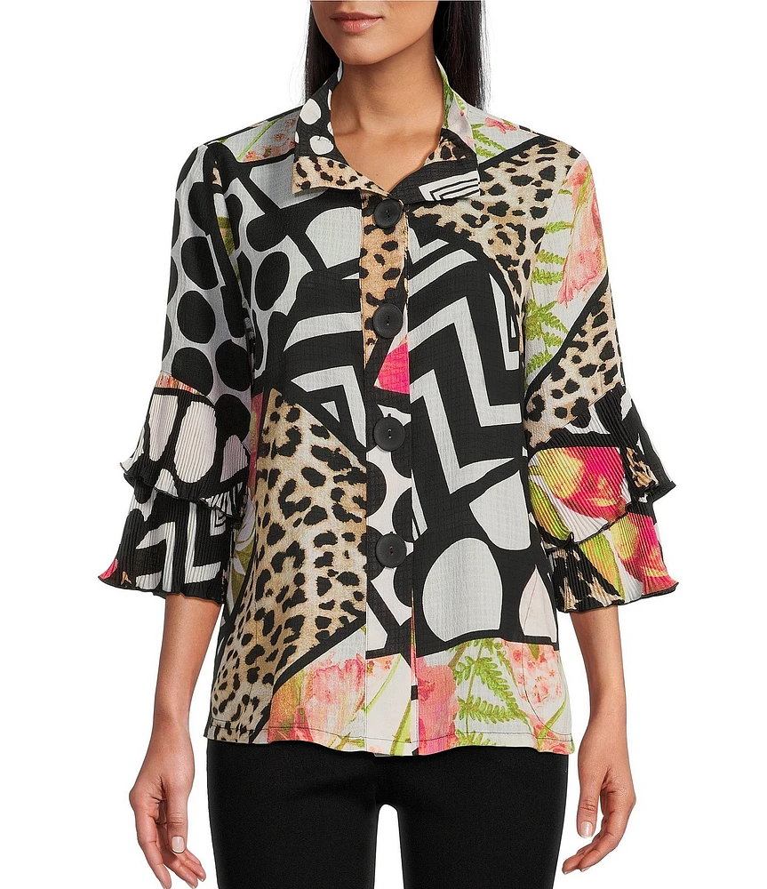 Multiples Petite Size Textured Multi Print Wire Collar 3/4 Sleeve Fitted Button Front Jacket
