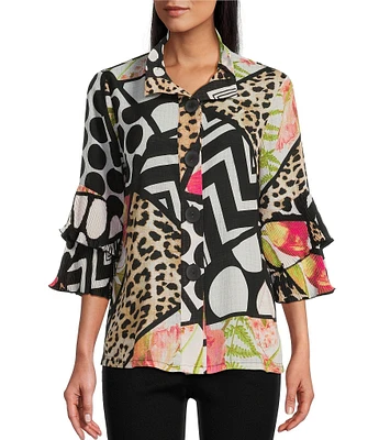 Multiples Petite Size Textured Multi Print Wire Collar 3/4 Sleeve Fitted Button Front Jacket