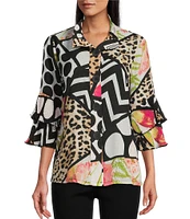 Multiples Petite Size Textured Multi Print Wire Collar 3/4 Sleeve Fitted Button Front Jacket