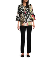 Multiples Petite Size Textured Multi Print Wire Collar 3/4 Sleeve Fitted Button Front Jacket