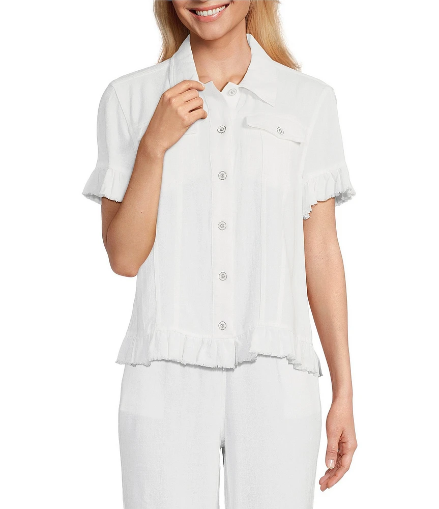 Multiples Petite Size Textured Slub Woven Point Collar Short Sleeve Ruffle Detail Fitted Button Front Jean Jacket