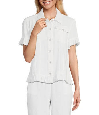 Multiples Petite Size Textured Slub Woven Point Collar Short Sleeve Ruffle Detail Fitted Button Front Jean Jacket