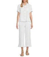 Multiples Petite Size Textured Slub Woven Point Collar Short Sleeve Ruffle Detail Fitted Button Front Jean Jacket