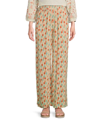 Multiples Petite Size Woven Ikat Print Pull-On Wide-Leg Crepon Pants