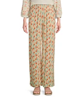 Multiples Petite Size Woven Ikat Print Pull-On Wide-Leg Crepon Pants