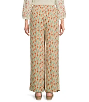 Multiples Petite Size Woven Ikat Print Pull-On Wide-Leg Crepon Pants