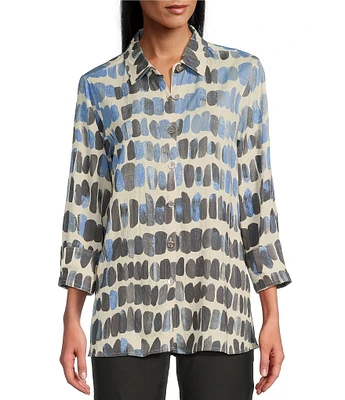 Multiples Petite Size Woven Printed Point Collar 3/4 Sleeve Button-Front Fitted Shirt