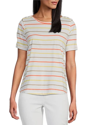 Multiples Petite Size Yarn-Dye Jersey Knit Stripe Boat Neck Elbow Sleeve Fitted Top