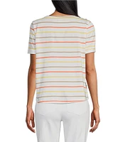 Multiples Petite Size Yarn-Dye Jersey Knit Stripe Boat Neck Elbow Sleeve Fitted Top