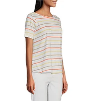 Multiples Petite Size Yarn-Dye Jersey Knit Stripe Boat Neck Elbow Sleeve Fitted Top