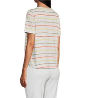Multiples Petite Size Yarn-Dye Jersey Knit Stripe Boat Neck Elbow Sleeve Fitted Top
