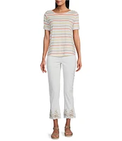 Multiples Petite Size Yarn-Dye Jersey Knit Stripe Boat Neck Elbow Sleeve Fitted Top