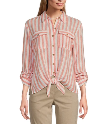 Multiples Petite Size Yarn-Dye Stripe Point Collar Long Roll-Tab Sleeve Button-Front Shirt