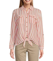 Multiples Petite Size Yarn-Dye Stripe Point Collar Long Roll-Tab Sleeve Button-Front Shirt