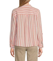 Multiples Petite Size Yarn-Dye Stripe Point Collar Long Roll-Tab Sleeve Button-Front Shirt