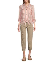 Multiples Petite Size Yarn-Dye Stripe Point Collar Long Roll-Tab Sleeve Button-Front Shirt