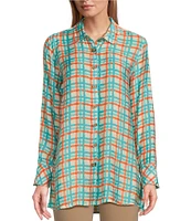 Multiples Plaid Print Crinkle Woven Long Sleeve Turn-Up Cuffs Hi-Low Button-Front Shirt