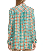 Multiples Plaid Print Crinkle Woven Long Sleeve Turn-Up Cuffs Hi-Low Button-Front Shirt