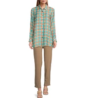 Multiples Plaid Print Crinkle Woven Long Sleeve Turn-Up Cuffs Hi-Low Button-Front Shirt