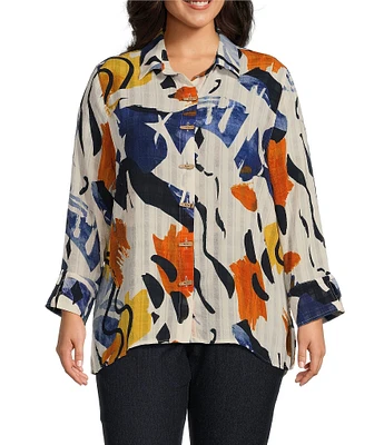 Multiples Plus Size Abstract Print Point Collar Turn Up Cuff Sleeve Button-Front Hi-Low Shirt