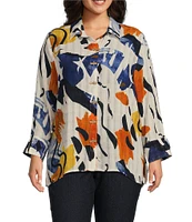 Multiples Plus Size Abstract Print Point Collar Turn Up Cuff Sleeve Button-Front Hi-Low Shirt