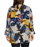 Multiples Plus Size Abstract Print Point Collar Turn Up Cuff Sleeve Button-Front Hi-Low Shirt