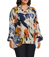 Multiples Plus Size Abstract Print Point Collar Turn Up Cuff Sleeve Button-Front Hi-Low Shirt