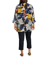 Multiples Plus Size Abstract Print Point Collar Turn Up Cuff Sleeve Button-Front Hi-Low Shirt