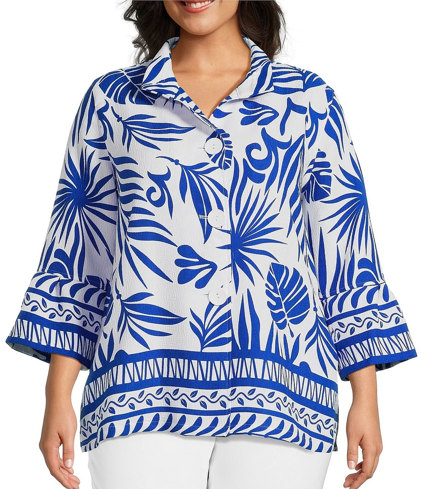 Multiples Plus Size Bark Cloth Border Print Wire Collar 3/4 Sleeve Fitted Button Front Top