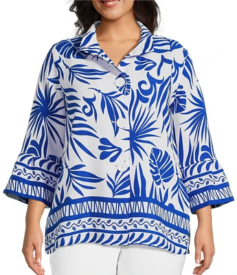 Multiples Plus Size Bark Cloth Border Print Wire Collar 3/4 Sleeve Fitted Button Front Top