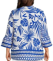 Multiples Plus Size Bark Cloth Border Print Wire Collar 3/4 Sleeve Fitted Button Front Top