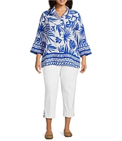 Multiples Plus Size Bark Cloth Border Print Wire Collar 3/4 Sleeve Fitted Button Front Top
