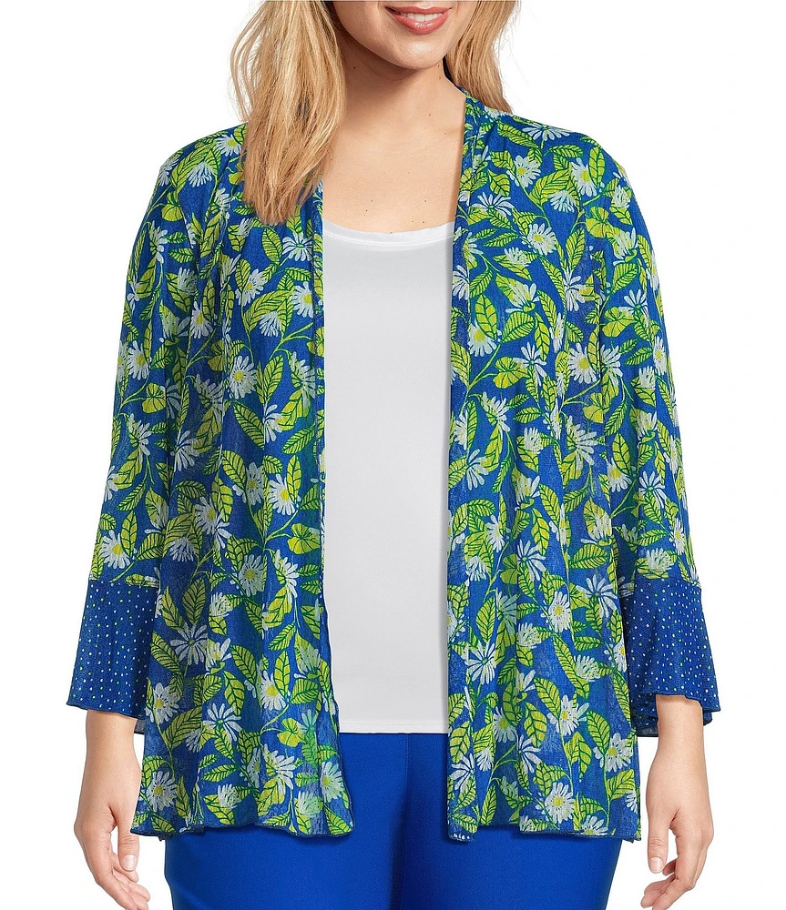 Multiples Plus Size Blue Print Onionskin Shawl Neck 3/4 Flounce Sleeve Open-Front Jacket