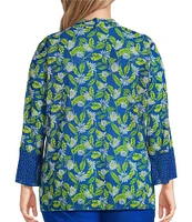 Multiples Plus Size Blue Print Onionskin Shawl Neck 3/4 Flounce Sleeve Open-Front Jacket