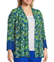 Multiples Plus Size Blue Print Onionskin Shawl Neck 3/4 Flounce Sleeve Open-Front Jacket