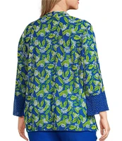 Multiples Plus Size Blue Print Onionskin Shawl Neck 3/4 Flounce Sleeve Open-Front Jacket