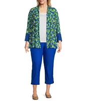 Multiples Plus Size Blue Print Onionskin Shawl Neck 3/4 Flounce Sleeve Open-Front Jacket