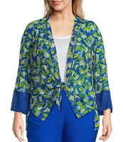 Multiples Plus Size Blue Print Onionskin Shawl Neck 3/4 Flounce Sleeve Open-Front Jacket