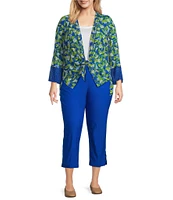 Multiples Plus Size Blue Print Onionskin Shawl Neck 3/4 Flounce Sleeve Open-Front Jacket