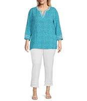 Multiples Plus Size Crinkle Printed Banded Split V-Neck 3/4 Sleeve Ric-Rac Trim Fitted Tunic