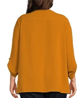 Multiples Plus Size Crinkle Woven Band Collar Notch Neck Roll-Tab Sleeve Button-Front Top