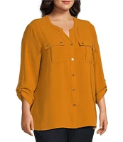 Multiples Plus Size Crinkle Woven Band Collar Notch Neck Roll-Tab Sleeve Button-Front Top