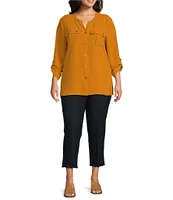 Multiples Plus Size Crinkle Woven Band Collar Notch Neck Roll-Tab Sleeve Button-Front Top