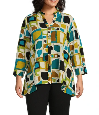 Multiples Plus Size Crinkle Woven Print Point Collar 3/4 Sleeve Button Front Shirt