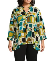 Multiples Plus Size Crinkle Woven Print Point Collar 3/4 Sleeve Button Front Shirt