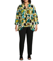 Multiples Plus Size Crinkle Woven Print Point Collar 3/4 Sleeve Button Front Shirt