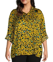 Multiples Plus Size Crinkle Woven Print Wire Collar Long Rolled-Tab Sleeve Button-Front Shirt