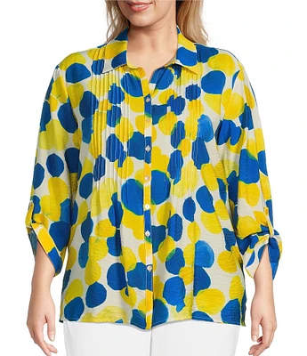 Multiples Plus Size Crinkle Woven Printed Point Collar 3/4 Cinched Tab Cuff Button Front Shirt