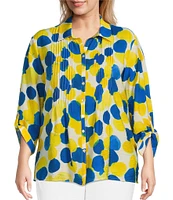 Multiples Plus Size Crinkle Woven Printed Point Collar 3/4 Cinched Tab Cuff Button Front Shirt